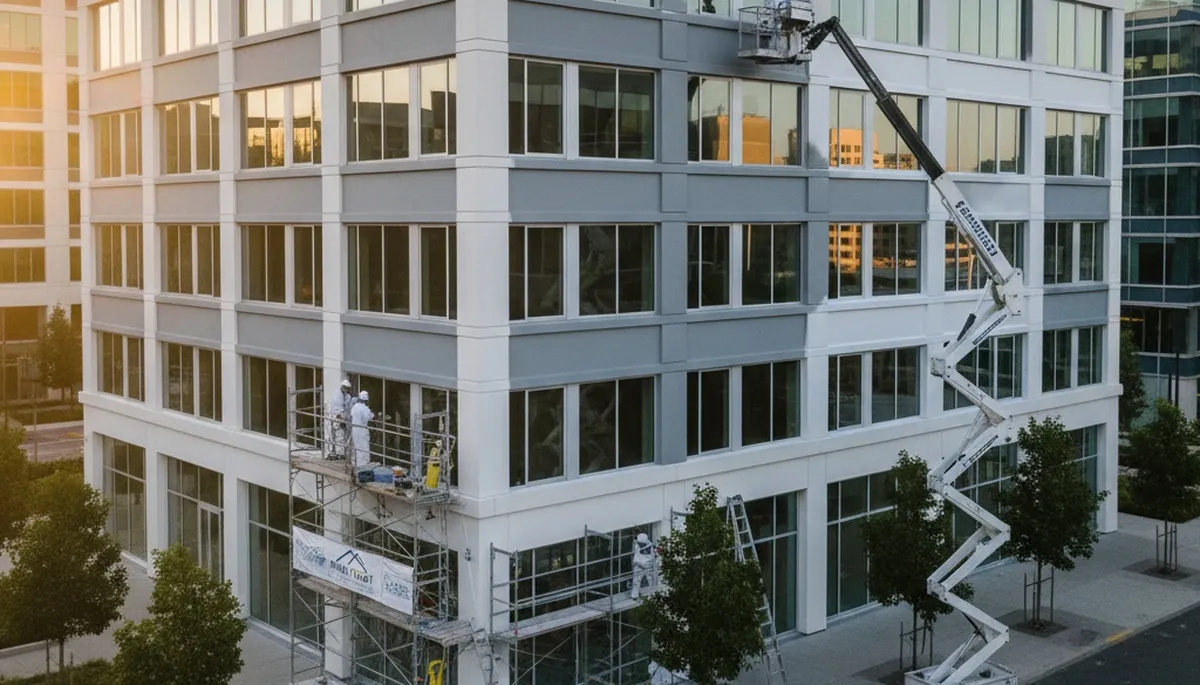 Professional commercial painters in Portland OR applying durable paint finish to business exterior