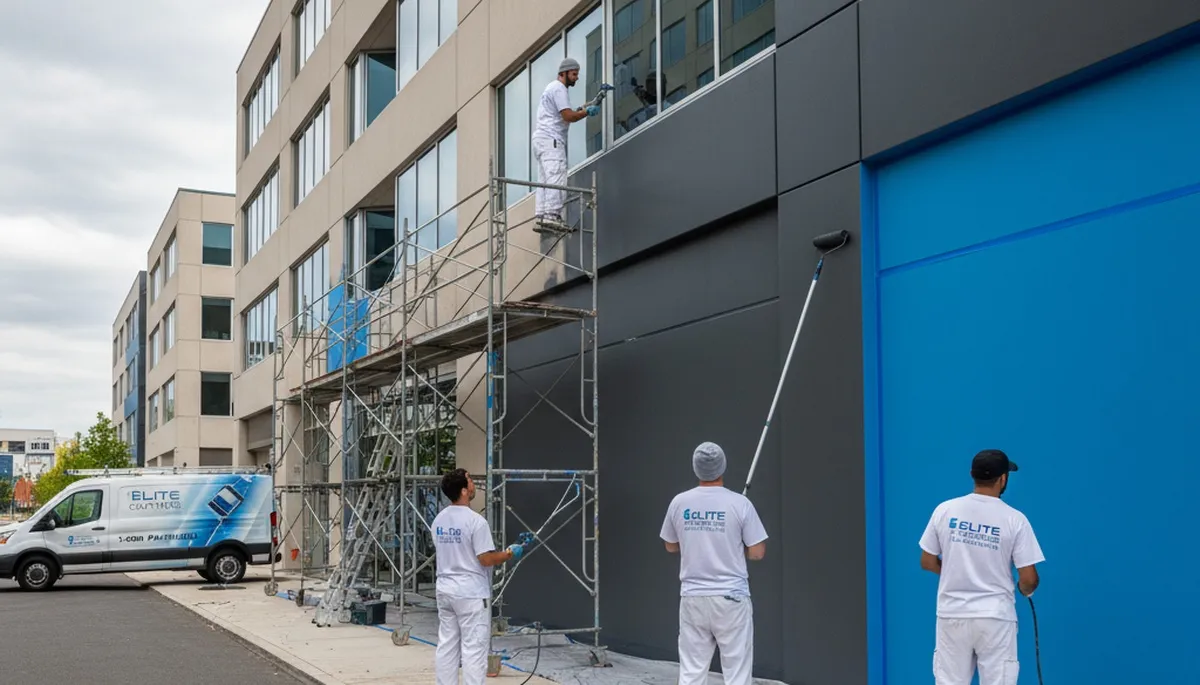 Professional commercial painters coating Portland OR office exterior with durable weather-resistant paint
