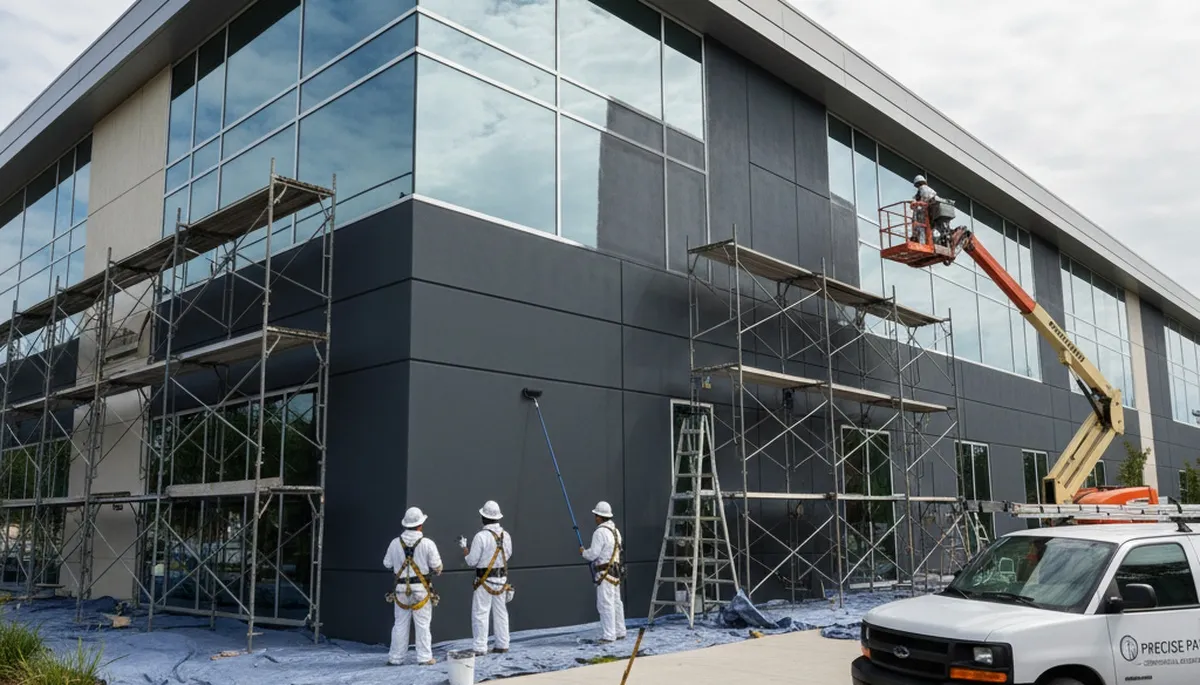 Professional commercial painters in Portland OR applying durable exterior paint to office building
