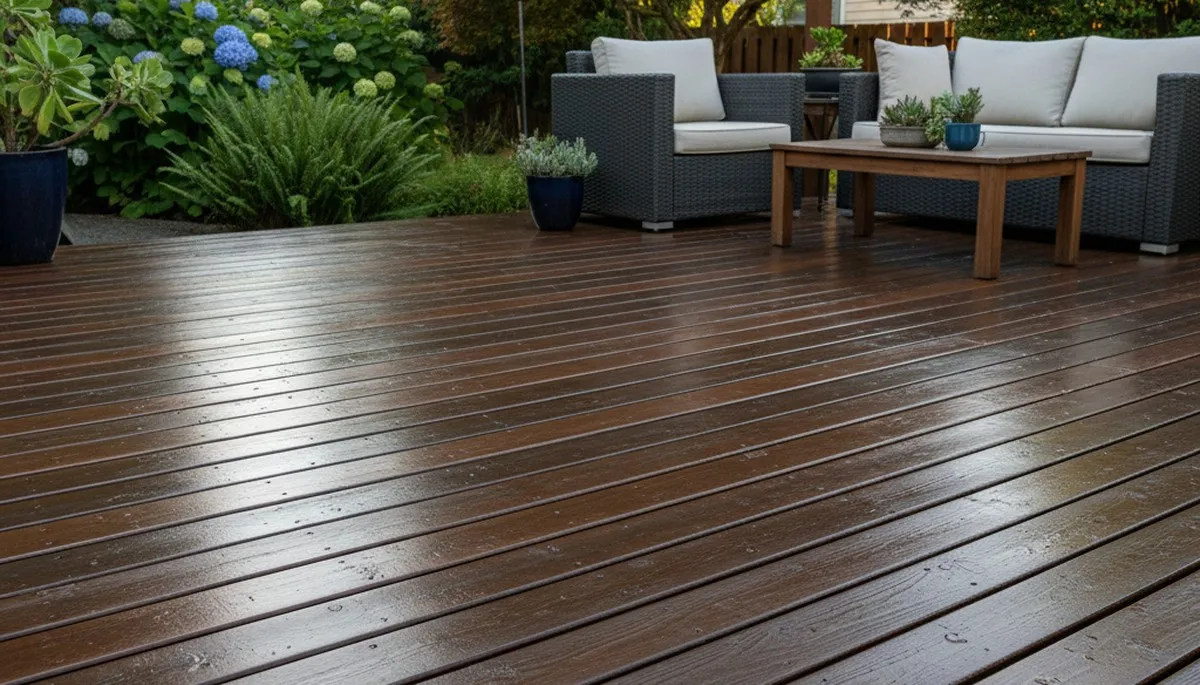 Completed deck staining in Portland OR highlighting rich wood color and durable weather-protective finish