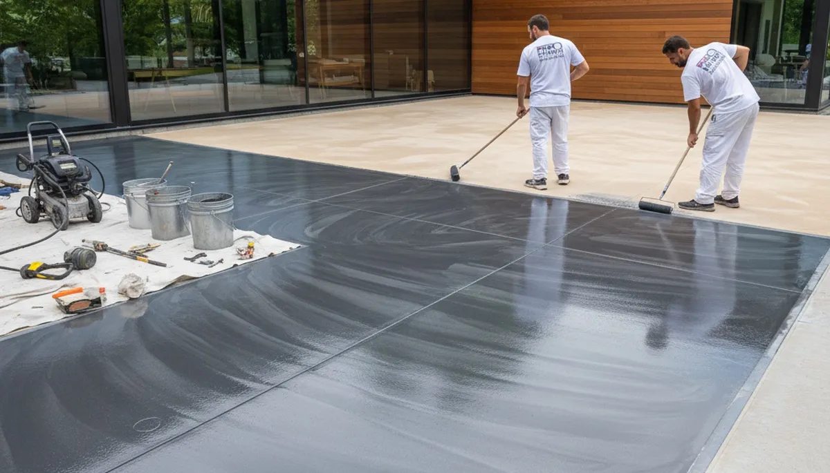 Professional concrete staining on Portland OR patio by local house painters for durable color finish