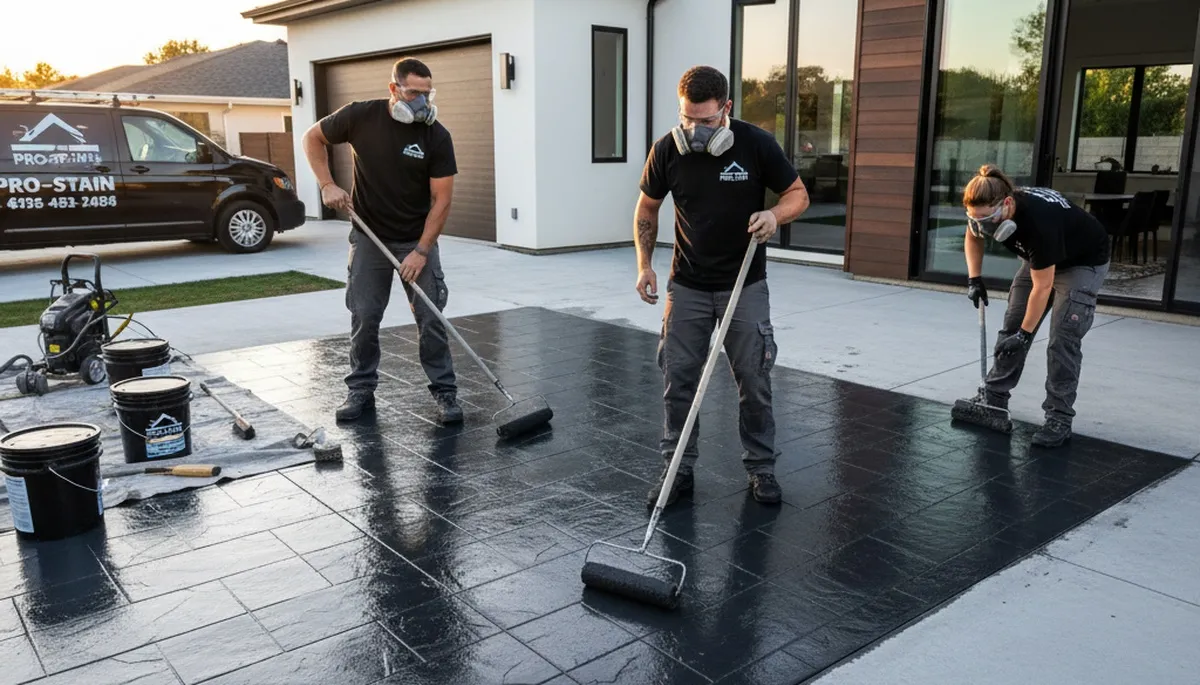 Professional concrete staining on driveway in Portland, OR showcasing durable finish for wet climate