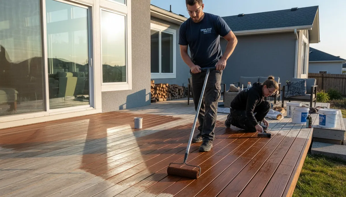 Professional deck staining service protecting wood decks in rainy Portland, OR