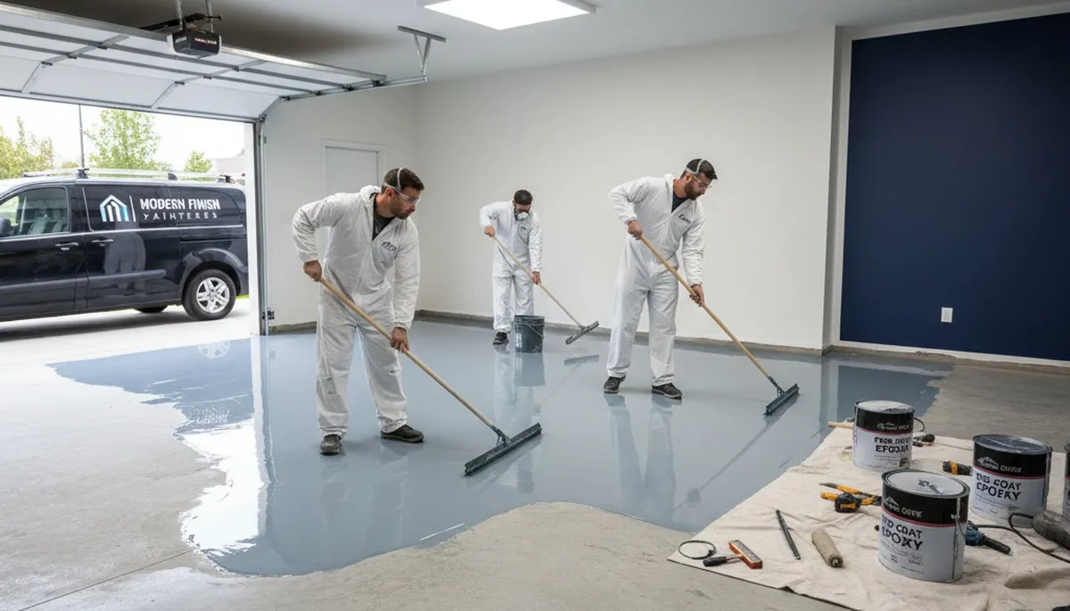 Epoxy floor coating application in Portland OR garage by professional house painters for durable finish