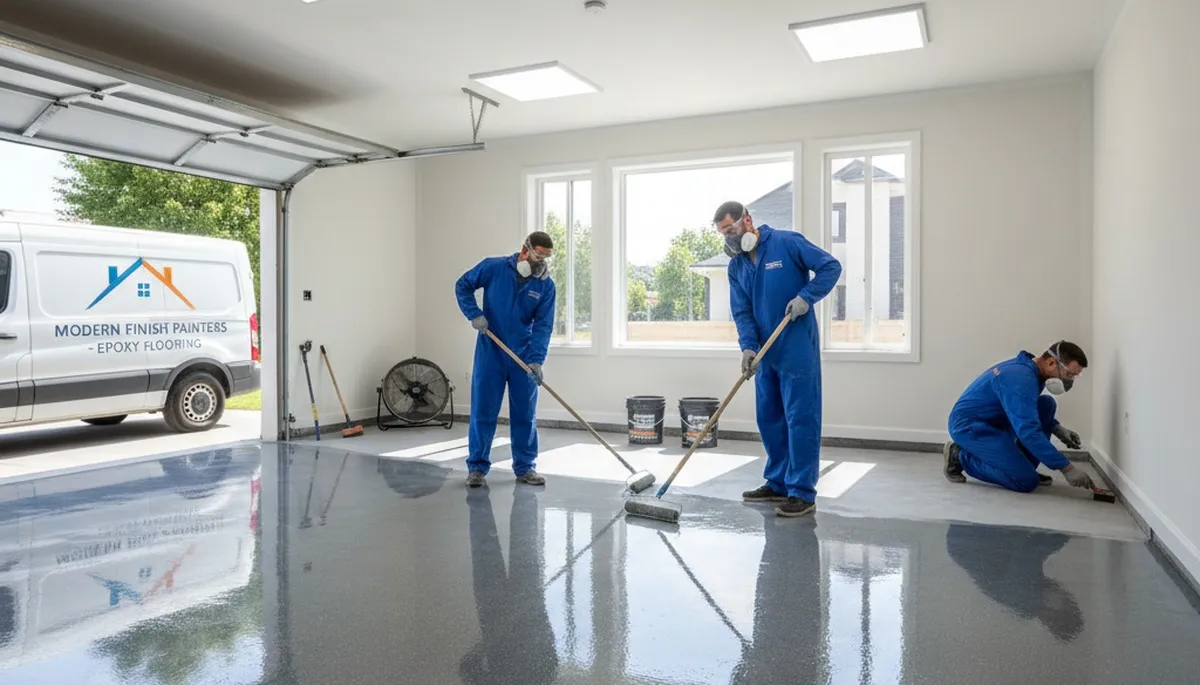 Epoxy floor coating in Portland OR garage by professional house painters for durable, glossy finish