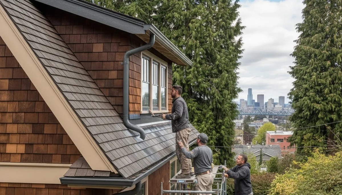 Professional painter applying weather-resistant fascia paint on Portland, OR home roofline trim