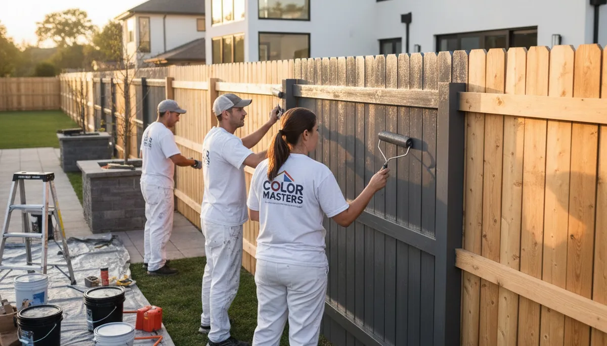 Professional fence painters in Portland, OR applying weatherproof paint to a wooden backyard fence