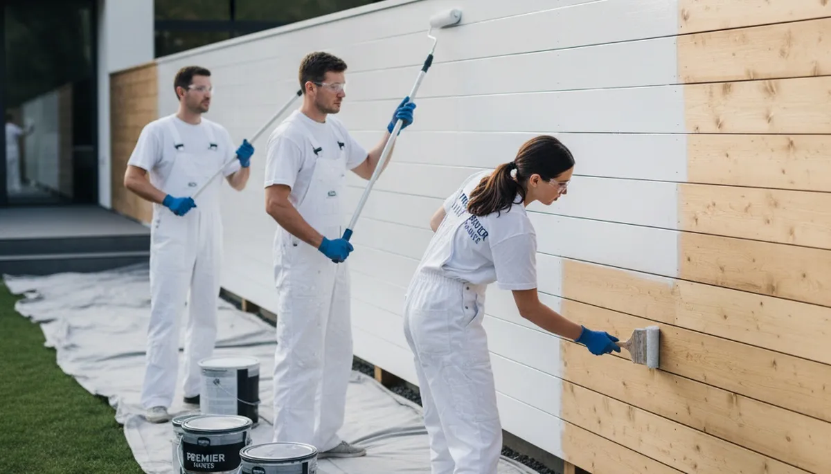 Professional fence painters in Portland OR applying weatherproof paint to a wood fence