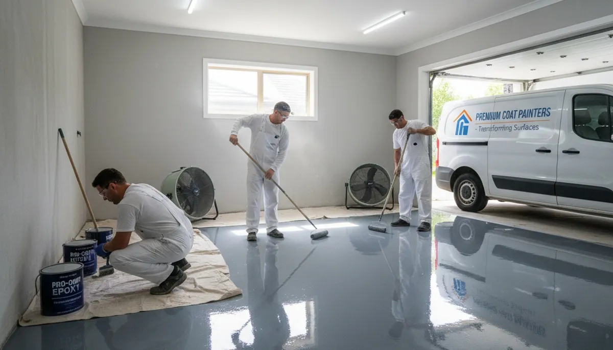 Epoxy garage floor coating in Portland OR applied by professional house painters for durable finish