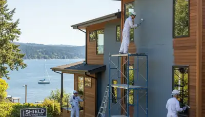 Professional house painters working on exterior home repaint in Portland OR