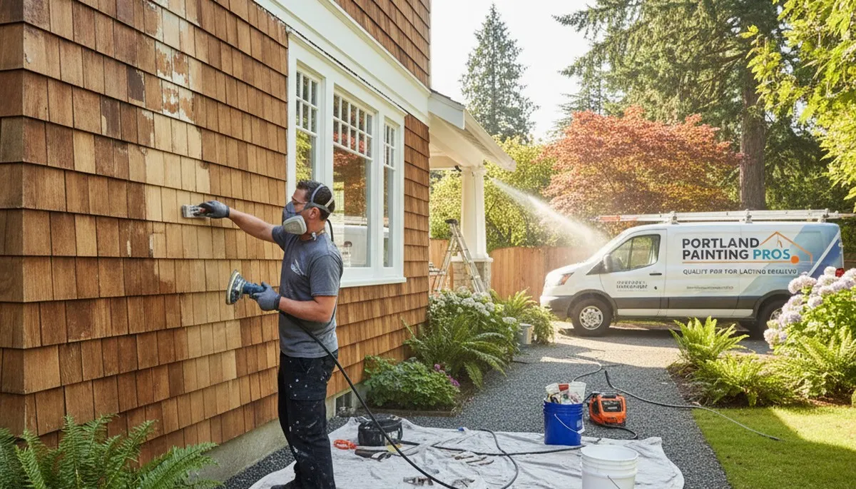 Professional painters preparing exterior surfaces for repainting in Portland, OR homes