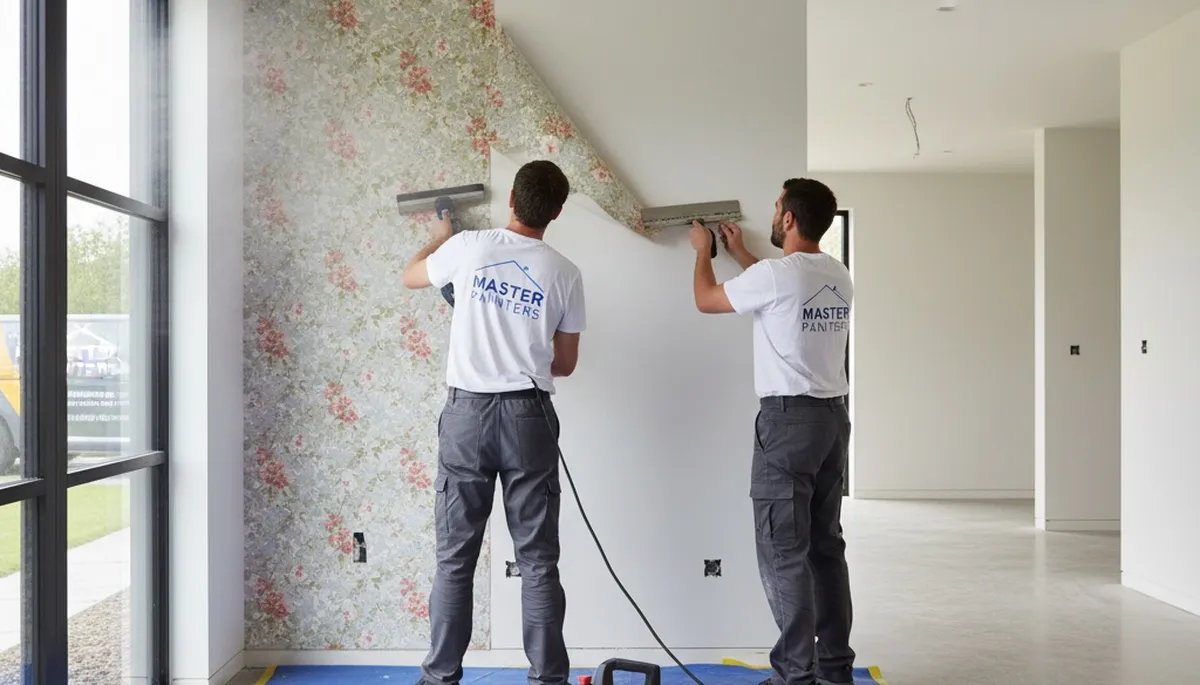 Professional wallpaper removal in Portland, OR by expert house painters prepping walls for repainting